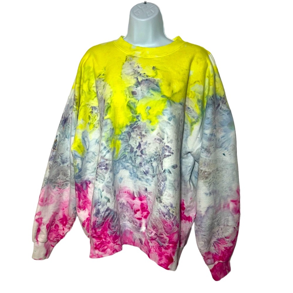 NWOT Hand Dyed Pink Grey Neon Yellow Tie Dye Sweater - Size XL